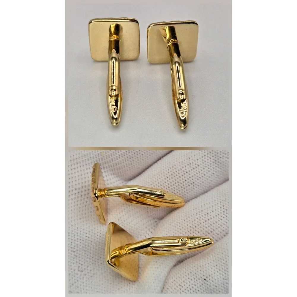 Christian Dior Vintage Mens Gold Tone Black Enamel CD Logo Square Cufflinks